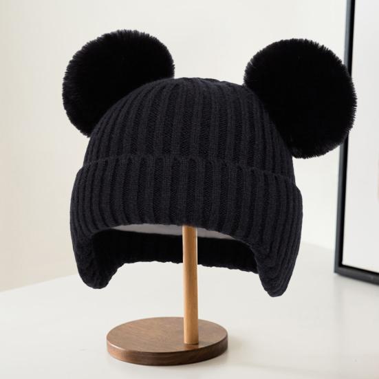 Yousheng Детская вязаная шапка с двойным помпоном, защита ушей, теплая шапка, однотонная, эластичная, теплая, ветрозащитная шапка, головной убор