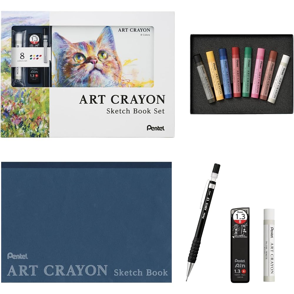 Pentel Цветные карандаши Art Crayon Набор из 8 цветов Одиночный цвет Белый Острый Набор стержней с Блокнотом/Рисунком ...