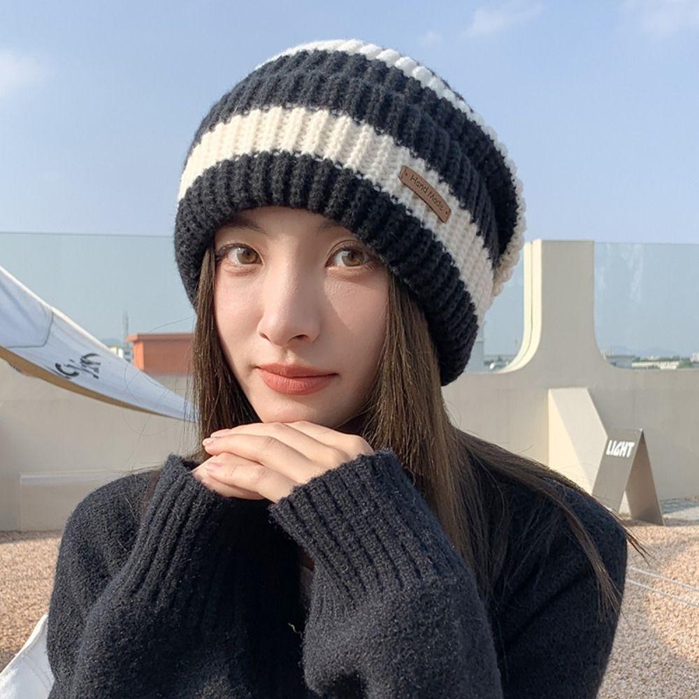 Thick Striped Beanie Hats Korean Warm Bucket Cap Fashion Striped Knitted Hat Unisex