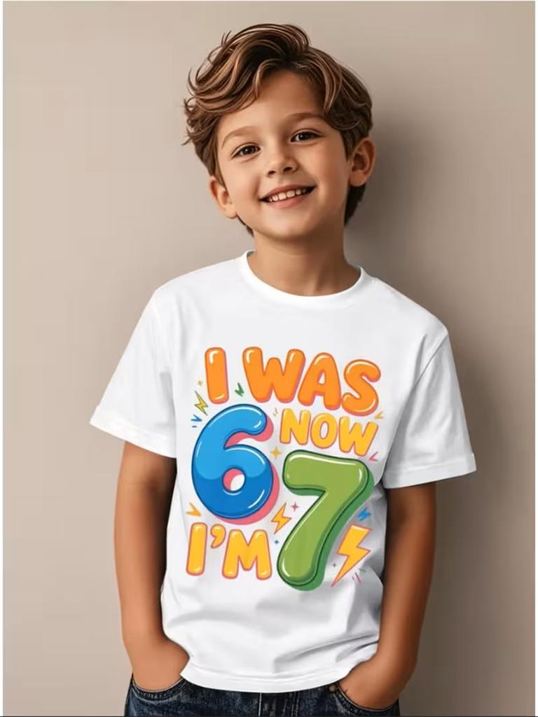Boys 7th Birthday TShirt Number 67 Lightning Design Crew Neck Short Sleeve Party Outfit Suitable for 7YearOlds