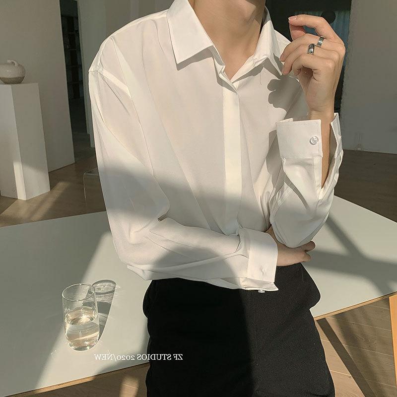 Korean Men's Shirts Retro Iron-free Tees Dark Green White Shirt Men's Long-sleeved Korean Loose Trend Top