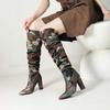 lenkisen Ткань с камуфляжным узором, осенне-зимняя обувь, супертонкие высокие каблуки, плиссированные ботинки, европейские теплые сапоги выше колена