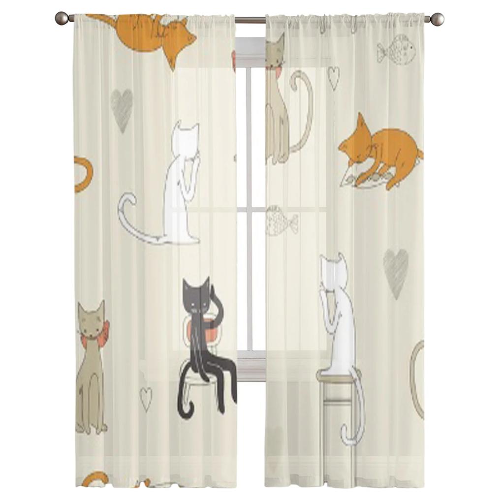 Тюлевые прозрачные шторы с рисунком кота для украшения гостиной, занавески для комнаты, спальни, кухни, вуаль, занавески из органзы