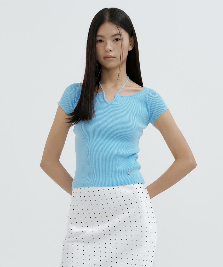 LUCIR ZU Strap Neck Ribbed Knit Top (Sky Blue)