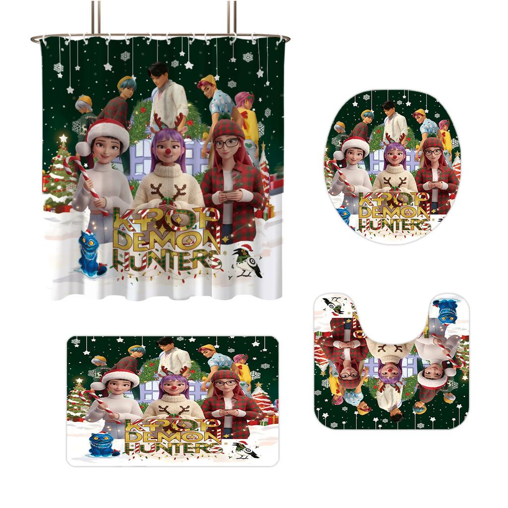 Набор для ванной из 4 предметов с рождественским K-pop принтом «Охотники на демонов» 180X180 Водонепроницаемая шторка для душа Коврик для пола, U-образный коврик, Коврик для сиденья унитаза