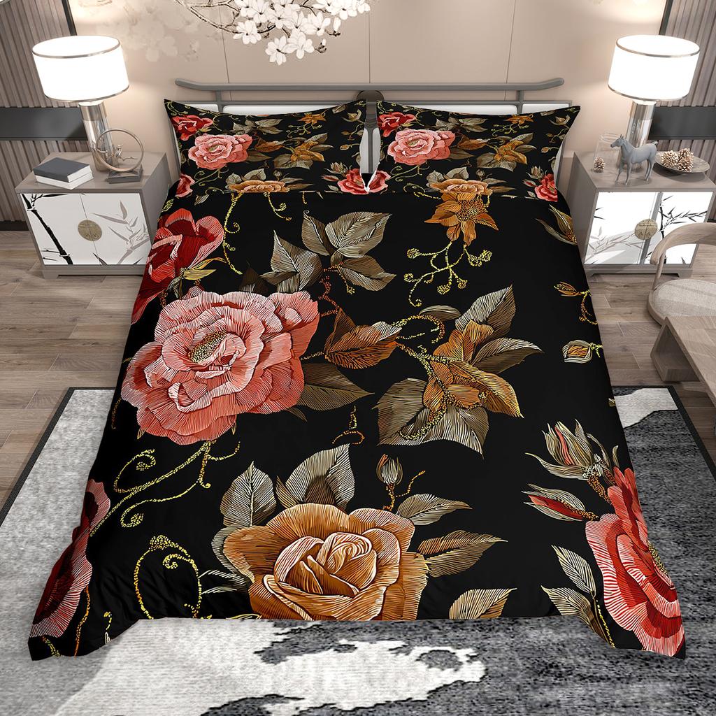 Homewish Vintage Floral Duvet Cover Set for Girls 2pcs/3pcs, Retro Tropical Flower Bedding, Oil Painting Blossoms Bed Set