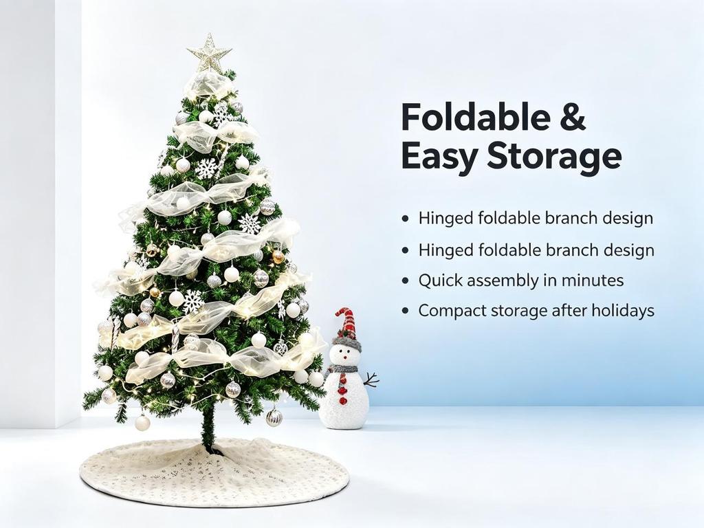 Foldable Artificial Christmas Tree Set, White Silver Decorations with LED Lights, 1.2m-1.8m Indoor Xmas Home Ornament