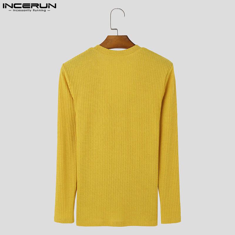 INCERUN Men V Necl Solid Color Long Sleeve Knitted Tops Muscle Fitted Pullovers