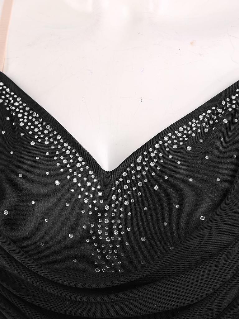 Женский плиссированный сетчатый драпированный леотард с кисточками для танцев, блестящими стразами, регулируемыми бретелями, вырезом и бахромой