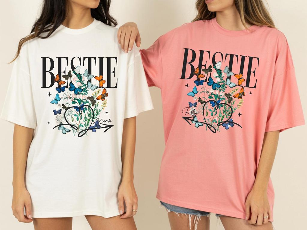 Custom Bestie Butterfly Shirt, Personalized Friendship Gift, Matching BFF Apparel