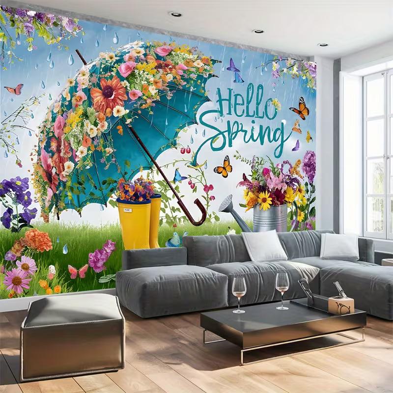 2D Hello Spring Backdrop with Umbrella and Flowers Photography Background Cloth