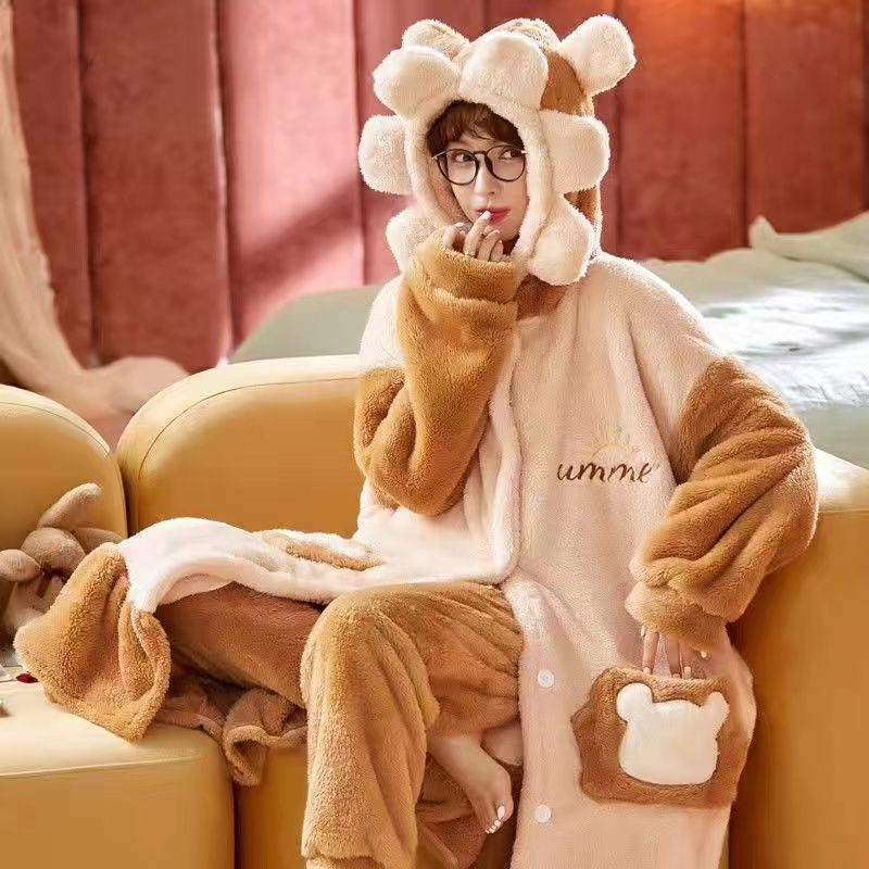 Пижама женская осень/зима фланелевая флисовая плотная ночная рубашка длинная милая коралловая флисовая домашняя одежда комплект можно носить на улице удобно