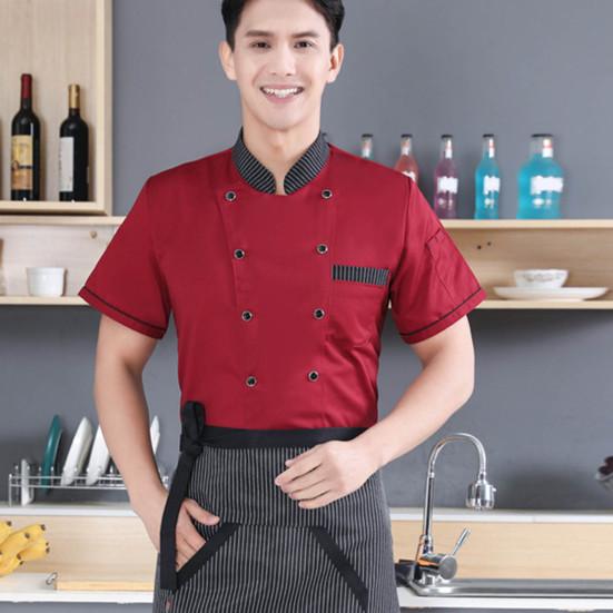 Stand Collar Short Sleeve Double Breasted Patch Pocket Splicing Color Chef Uniform Women Men Service Bakery Breathable Chef Shirt Work Clothing
