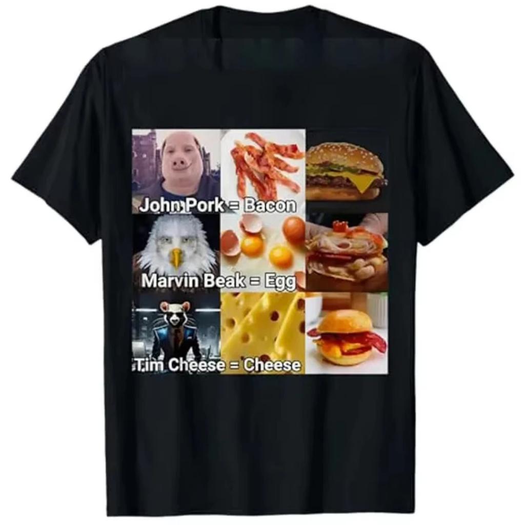 Смешная футболка с персонажем-бургером John Pork Marvin Beak Tim Cheese Дизайн с принтом бекона и яйца Юмористическая графическая футболка Топы