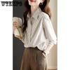 Threaded Splicing Vertical Stripe Shirt for Women Polo Collar Long Sleeve Top Spring and Autumn Single Wear Shirt for Women