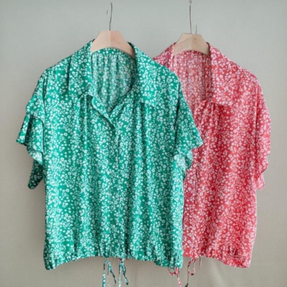 New Arrivals Open Run WoMen Frill Detail Floral Pattern Loose Fit Short Sleeve M