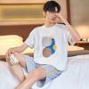 Men's Summer Striped Cartoon Pajama Set: Soft Cotton, Short-Sleeved Round Neck Top with Shorts, Large Size Boy's Homewear.