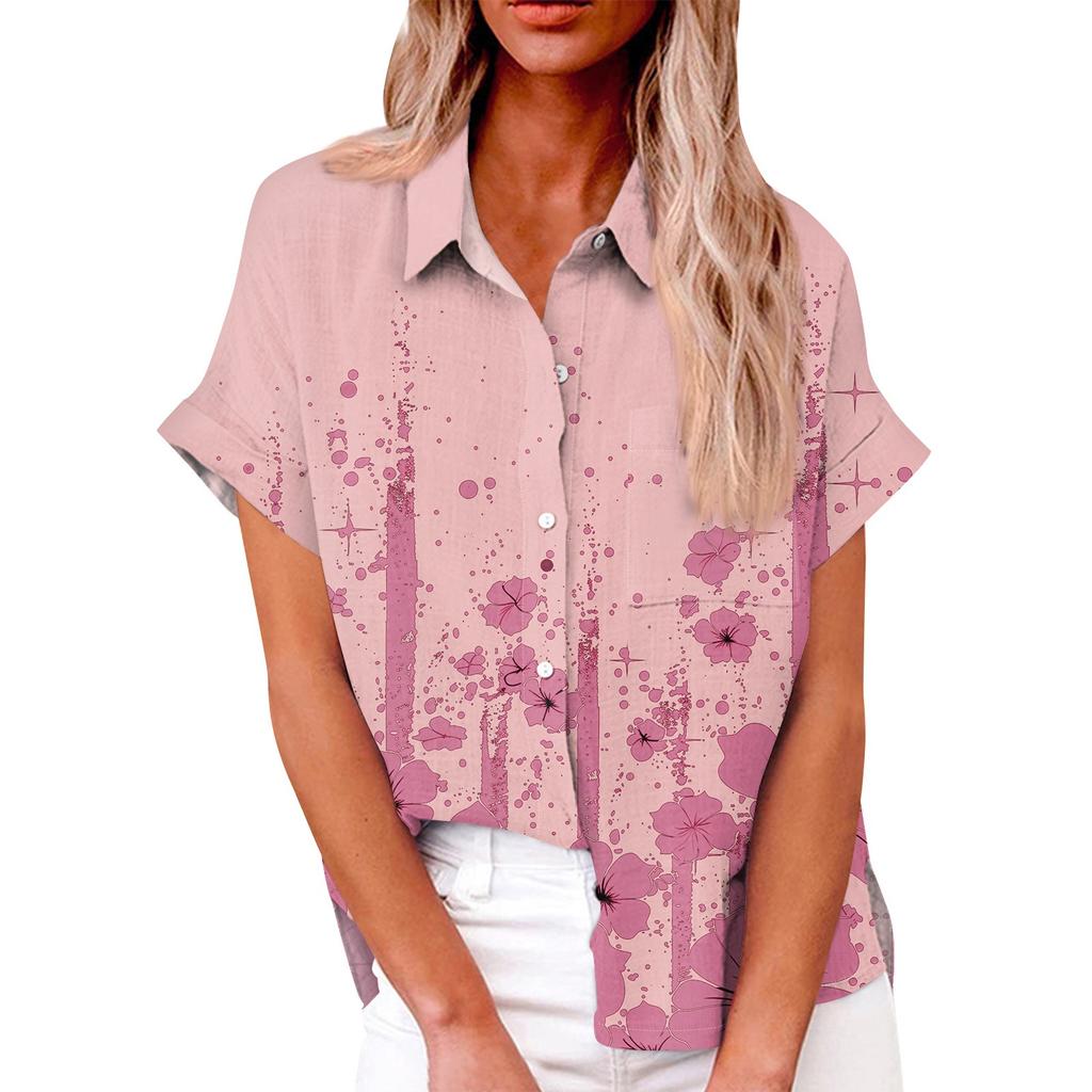 Женская модная свободная повседневная рубашка с коротким рукавом и отворотом на пуговицах, футболка с принтом, топ