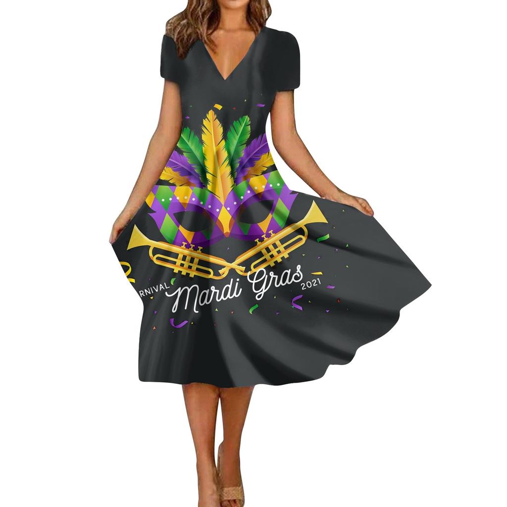 Женское летнее повседневное модное свободное платье с коротким рукавом и v-образным вырезом с принтом