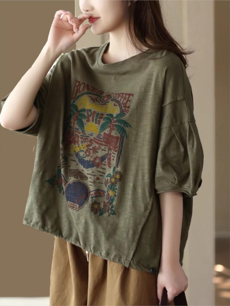 Johnature Women Vintage Print Floral T-Shirts O-Neck Short Sleeve Tees Summer Cotton Loose Women Casual Soft T-Shirts