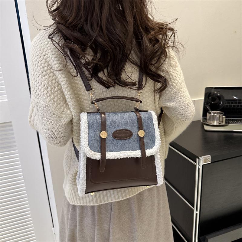 Осенне-зимний контрастный цвет ретро рюкзак сумка женская 2024 новый простой иностранный стиль одно плечо сумка повседневная сумка-мессенджер