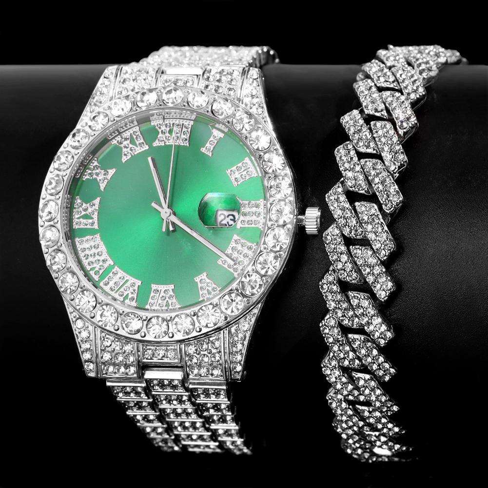 Мужской браслет-цепочка в стиле хип-хоп с кубинскими звеньями и наручными часами, блестящая цепочка со льдом, полный горный хрусталь, хрустальные браслеты, ювелирные изделия