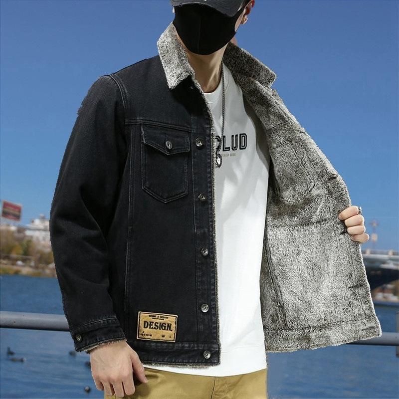 Джинсовая куртка мужская шерпа осень и зима плюс бархат утолщенная теплая хлопковая куртка свободная и красивая корейский стиль модная куртка для пары