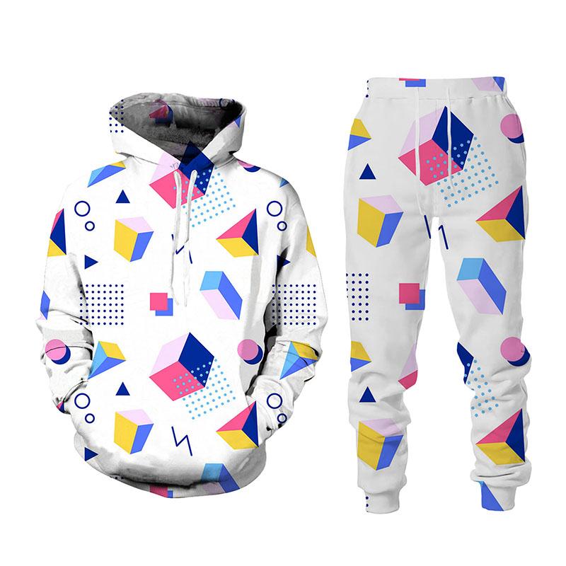 Spring And Autumn Fashion Men Tracksuit 2 Piece Hip Hop Tops and Pants Male Female Sweat Suits Fun Geometry Print Hoodies Suits