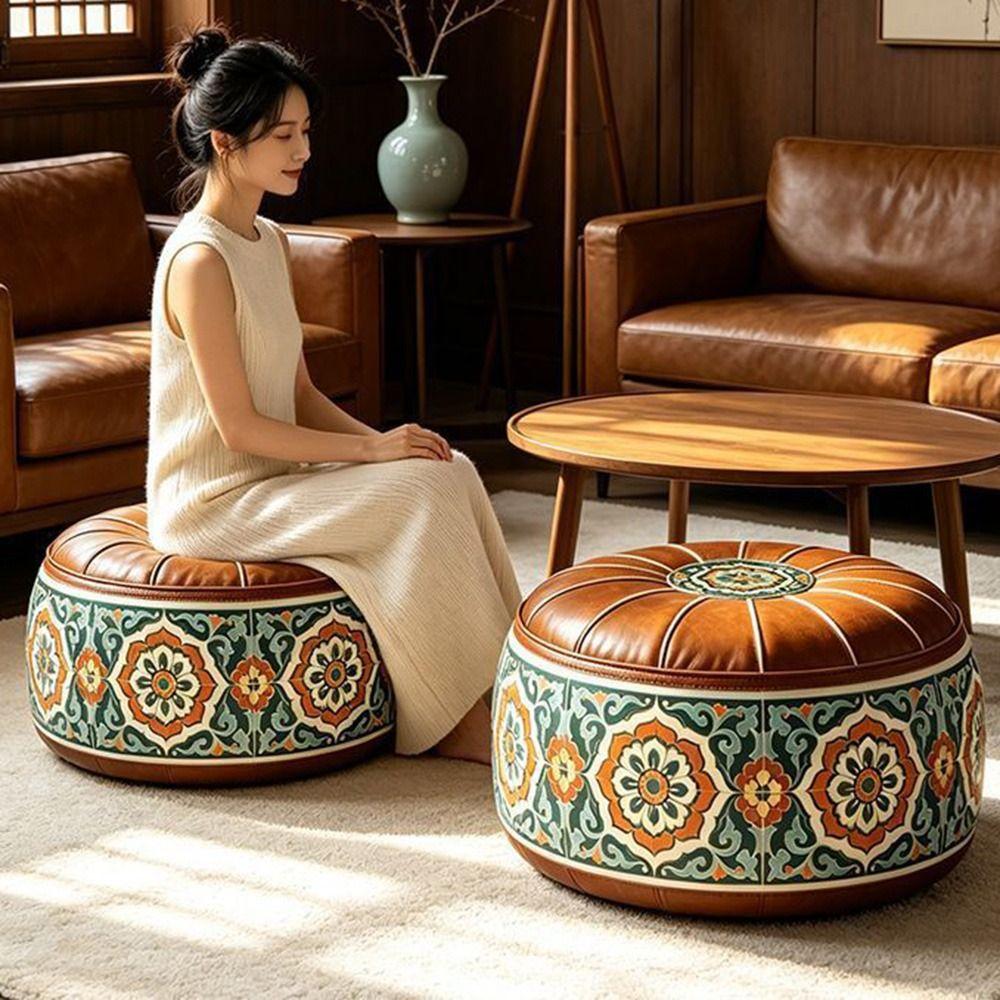 Embroidered Pattern Fillable Ottoman Pouf PU Leather Round Pouf Cover Living Room