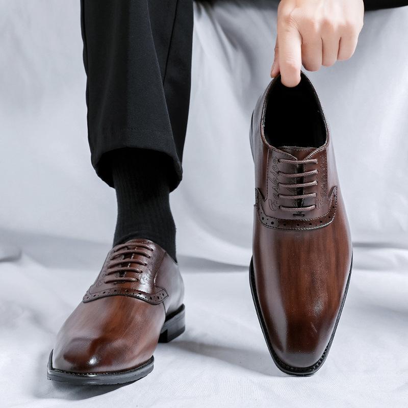 Men's Dress Leather Shoes Lace-up Rubber Sole Business Gentleman Men's Shoes Large Size Small Leather Shoes 24278-R