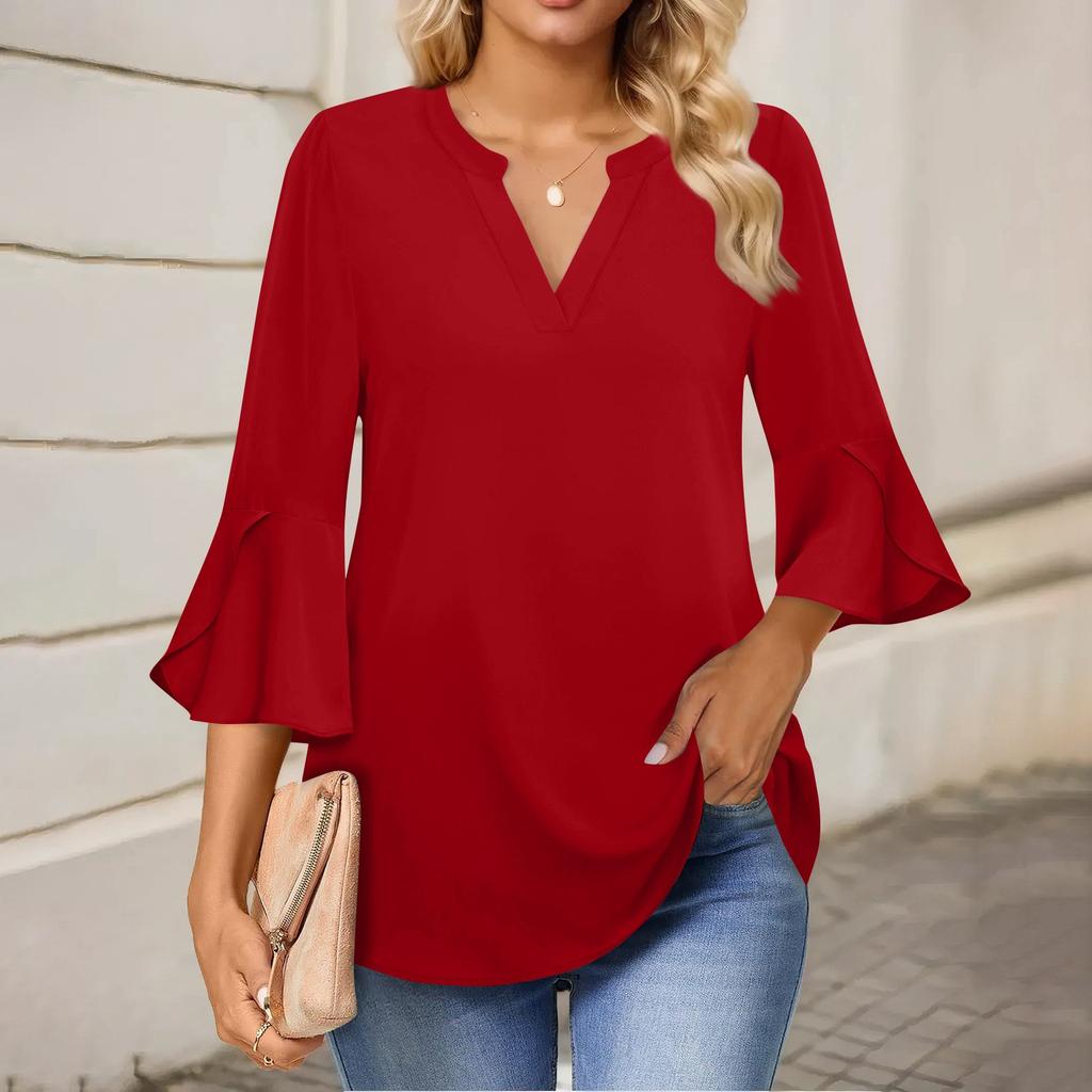 Женская рабочая рубашка с плиссировкой и рукавом 3/4, рубашка с V-образным вырезом, повседневная рубашка с завязками на талии, деловая рубашка