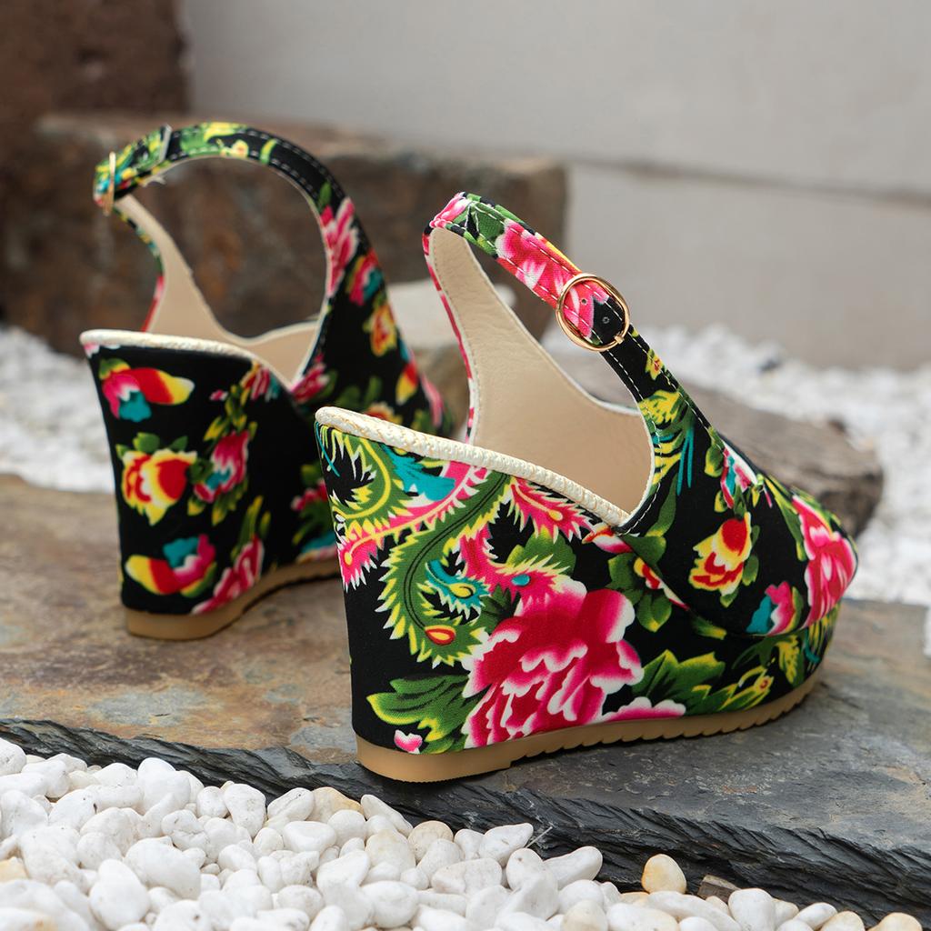 Fashion Summer Beach Boho Floral Wedge Sandals Women Ankle Platform Shoes Woman High Heels Sandalias Platform Heels Zapatos De Mujer