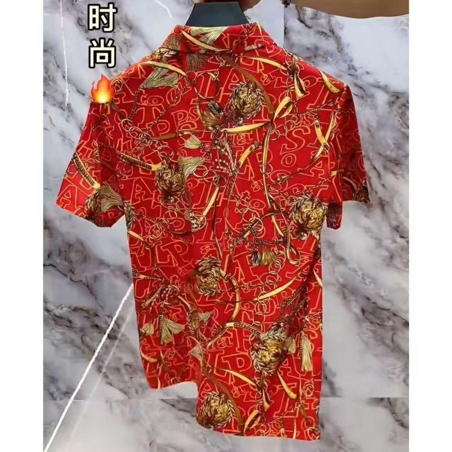 2025 Summer New Short Sleeve Men's Casual Trendy Printed High Elasticity Non-Iron Shirt Men's Zipper Short Sleeve