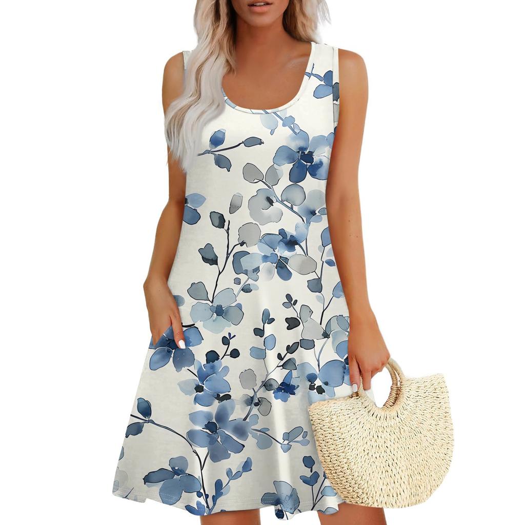 Women's Summer Casual U-neck Floral Print Dress Sleeveless Dress With Pockets