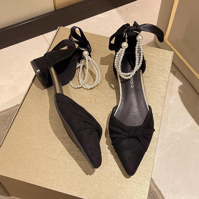 Босоножки Baotou женские на среднем каблуке летние новые жемчужный бант толстый каблук острый носок высокий каблук туфли-лодочки
