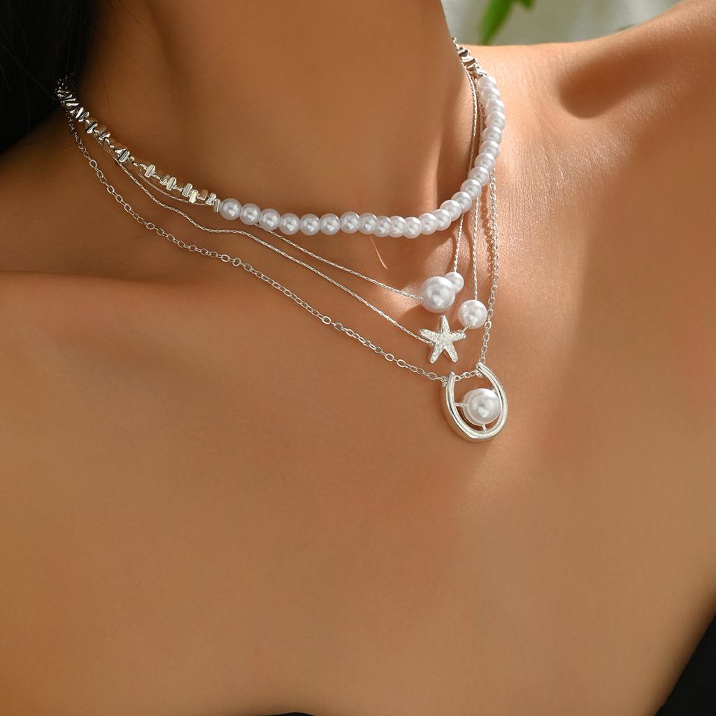 1 PC Layered Faux Pearl Necklace Starfish & Moon Pendant Statement Necklace, Zinc Alloy Chain Artificial Pearl Choker Jewelry For Daily & Gifting