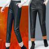 Velvet Thickened PU Leather Pants Women's Winter Loose Casual Wide Leg Pants Elastic High Waist Black Nine Points Harem Pants