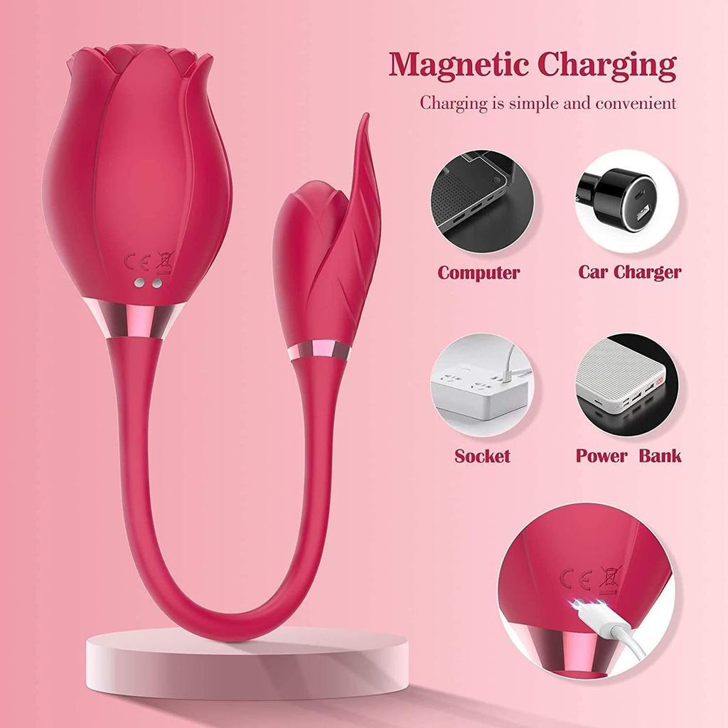 Rose Flower Dual-Head Vibrating Egg & Telescopic Massager