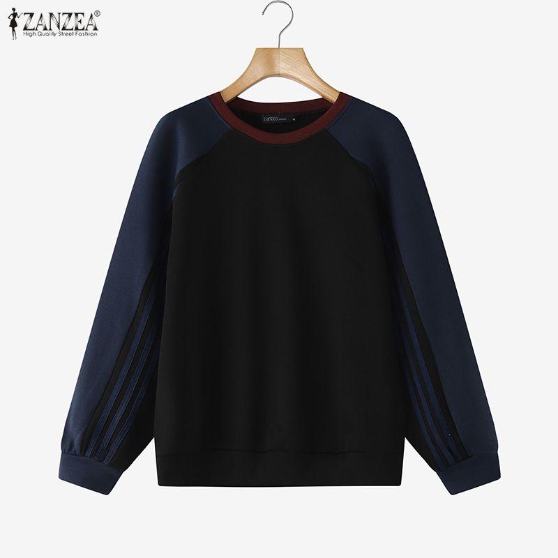 ZANZEA Женские повседневные свитшоты с круглым вырезом, пэчворком и длинными рукавами