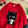 Summer Cotton Women'S T-Shirts A Kitten Holding Cup Printing Streetwear Breathable O-Neck Loose Casual Street Female Clothes