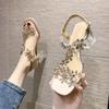 Designer Sandals Summer Women Pvc Crystal Flower Chunky Heel Peep Toe Back Strap Elastic Elegant Fashion Shoes Ladies