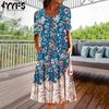 Women's Fashion Summer Spring Flower Pattern Print Short Sleeve O-Neck Loose Waistline Casual Dresses