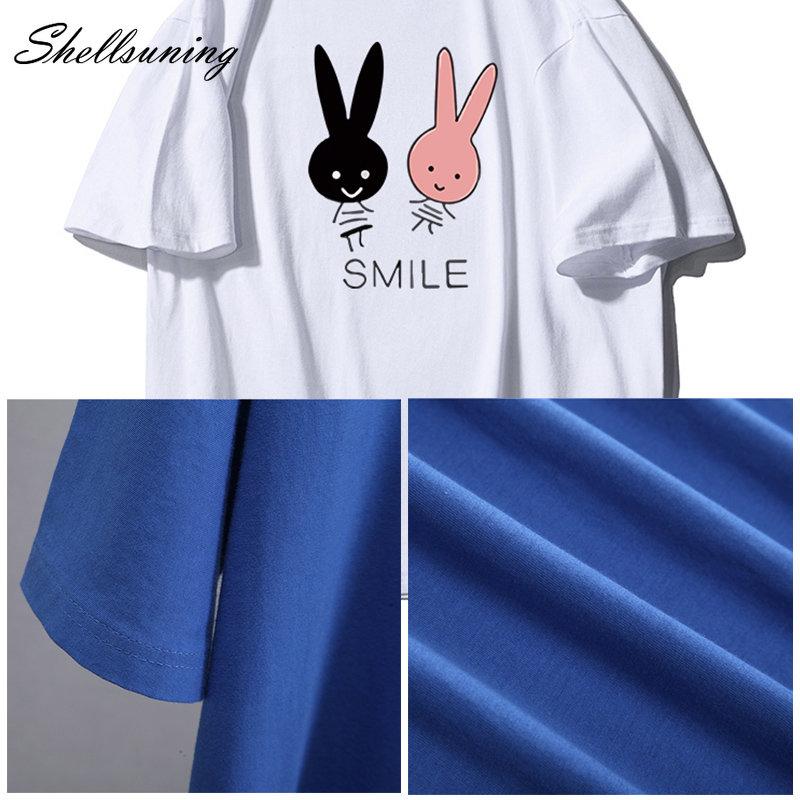 Shellsuning Cute Bunny Graphic Printed T Shirts Women Summer Casual Loose O Neck Short Sleeve Tees Female Trendy 100% Cotton Tops Lady