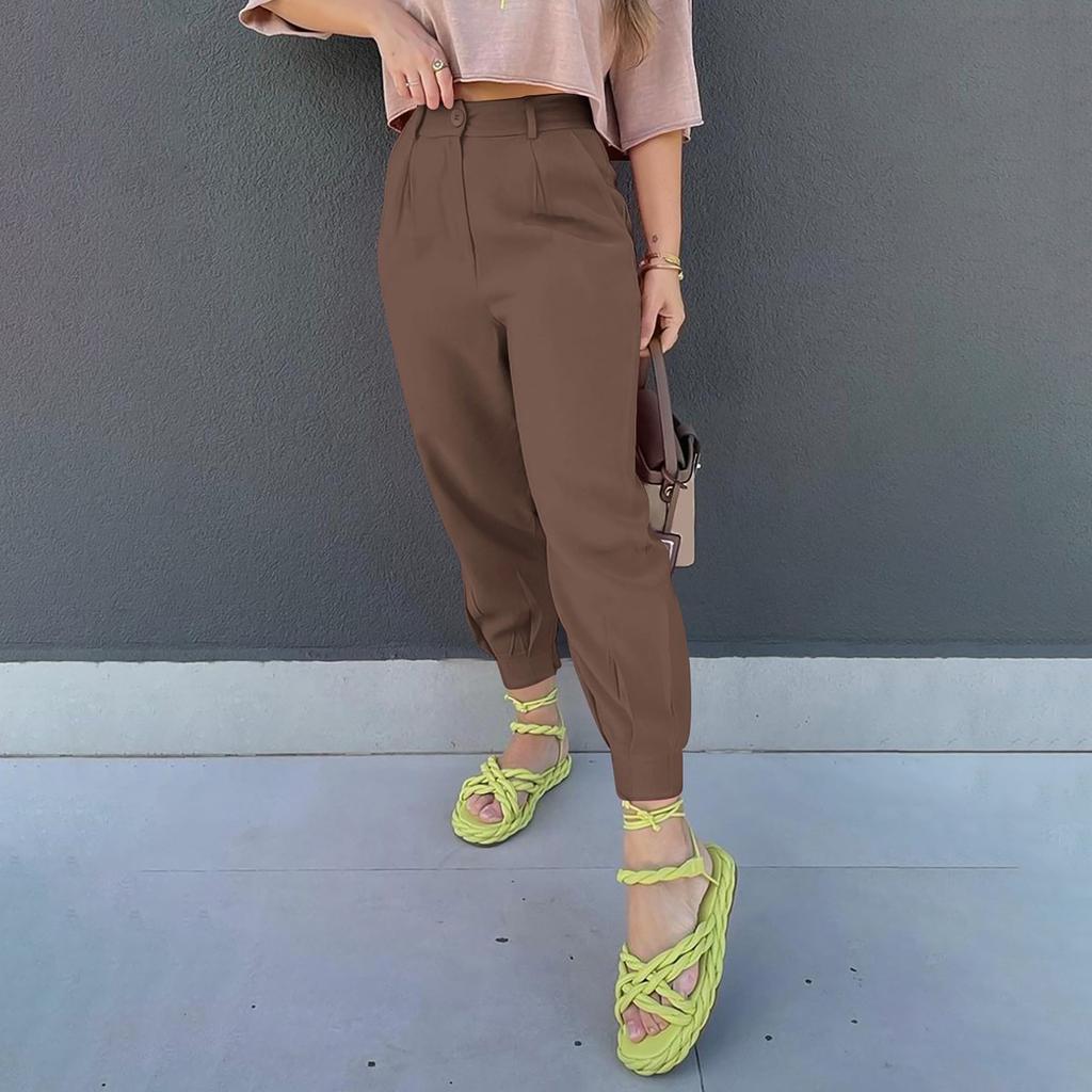 Women's Summer High Waisted Pants Casual Length Work Trouser Slacks With Pockets