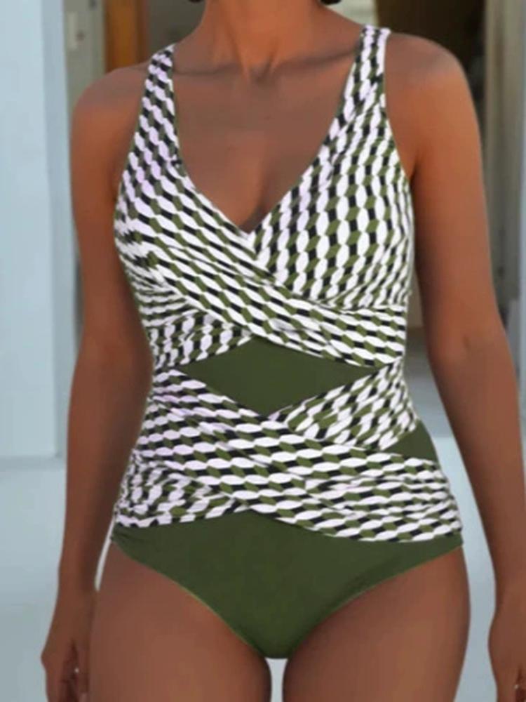 Купальник Женский V-образный вырез Купальный костюм Сращенный Полосатый Модный Цельный Боди Купальный костюм Летняя Мода Купание Бикини