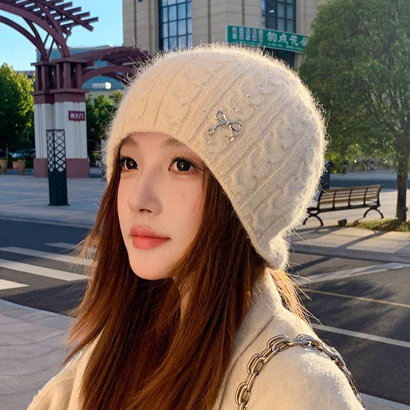 Вязаная шапка из кроличьего меха, женская осенне-зимняя утолщенная шапка для защиты от холода и защиты ушей, шерстяная шапка после сохранения тепла