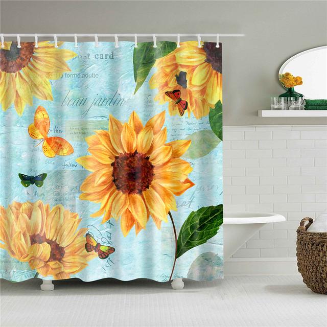 Chinese Style Flower Branch Landscape Shower Curtain 3D Printing Sunflower Bathroom Accessories Sets Waterproof Polyester Screen