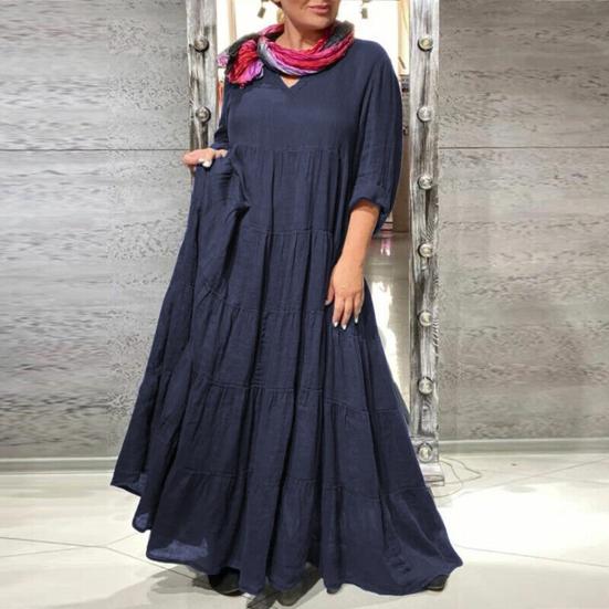 Женское платье макси с V-образным вырезом, длинными рукавами, однотонное длинное платье с оборками, плиссированным подолом, летнее платье для отдыха