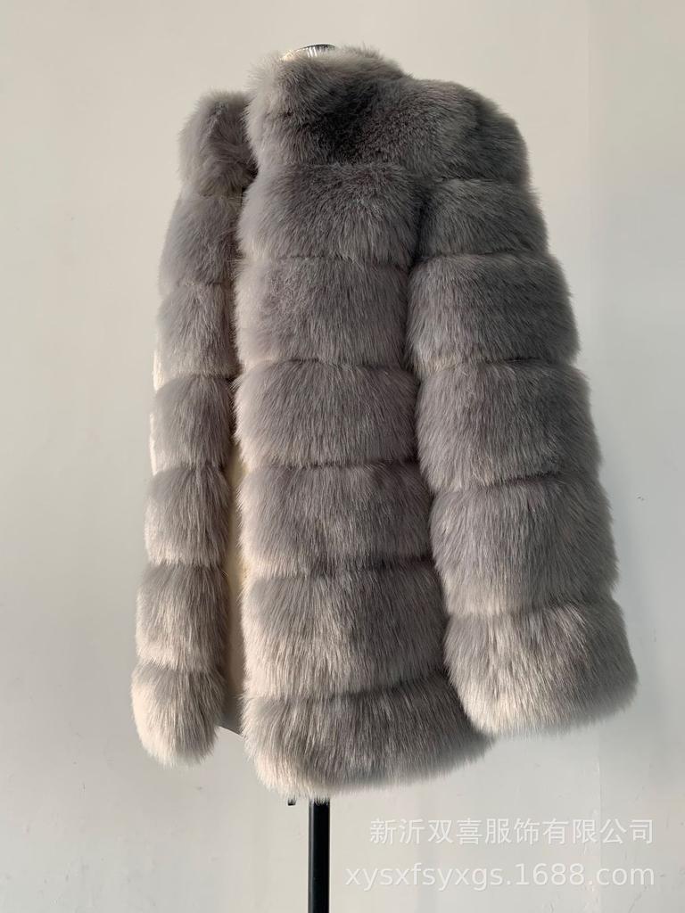 Autumn and Winter New Stand-up Collar Thickened Leather Coat Medium and Long Slim-fitting Splicing Imitation Fox Fur Coat