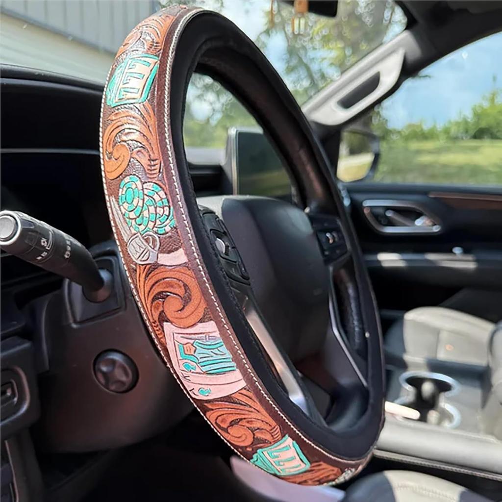 Retro Western Cowboy Car Universal Steering Wheel Cover – Embossed Leather 14.5-15 Inch Anti-Slip Car Accessory For Trucks SUVs Cars – Boho